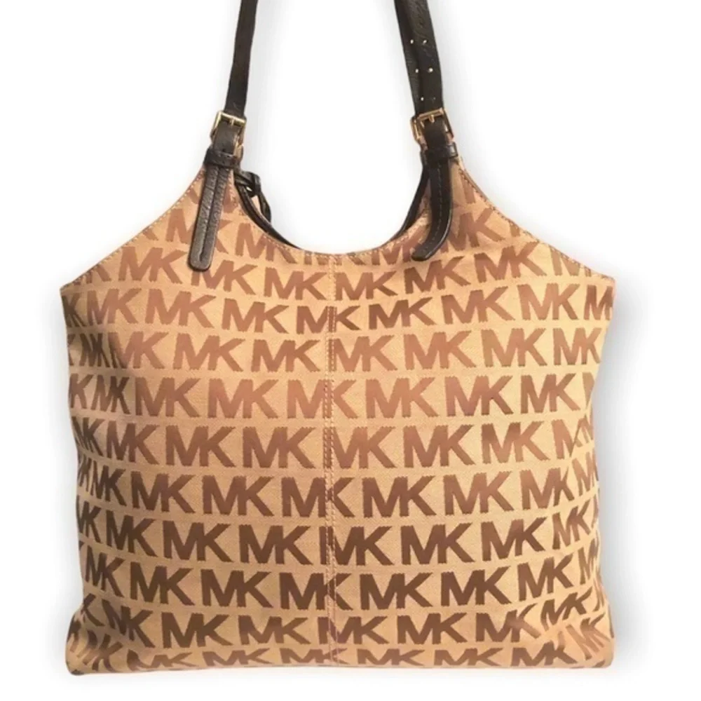 Michael kors brown monogram tote bag with blue leather trim
